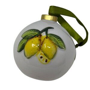 Hand-Painted Ceramic Lemon Ornament Green Ribbon Christmas Bulb Ball White